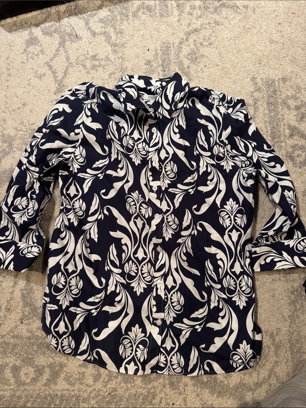 Chico's Navy and White Floral Button-Down Shirt size 8